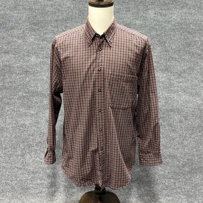 Izod Shirt Mens Large Beige Maroon Check Long Sleeve Button Down Cotton Casual