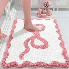 Pink Bow Bathroom Rug 20x32 Inch Scalloped Bath Mat Non Slip Coquette Decor