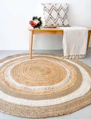 Teppich Rund Natur Wende 100% Jute Teppich Geflochten Modern Dekor Boho Vorleger - Bild 1 von 3