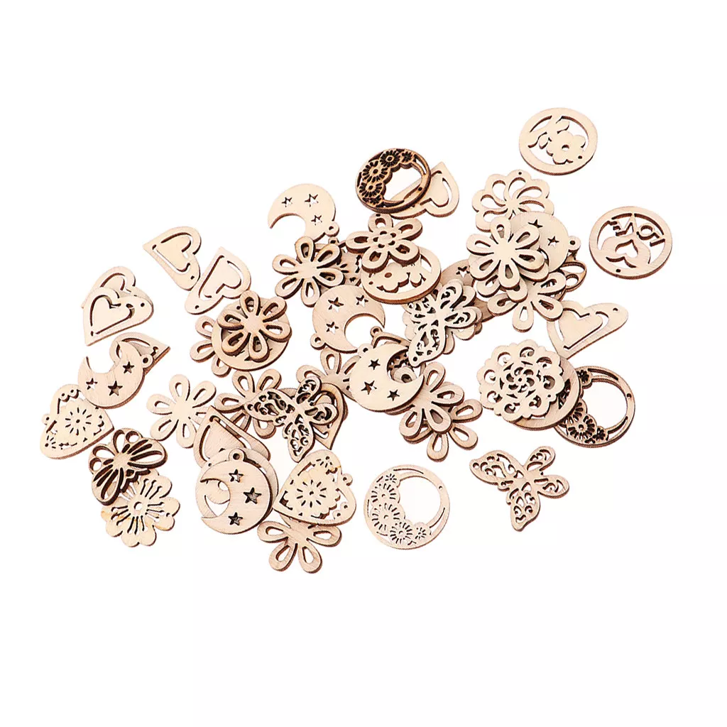 50pcs Wooden Shapes Laser Cut Hollow MDF Wood Pendants Embellishments Crafts