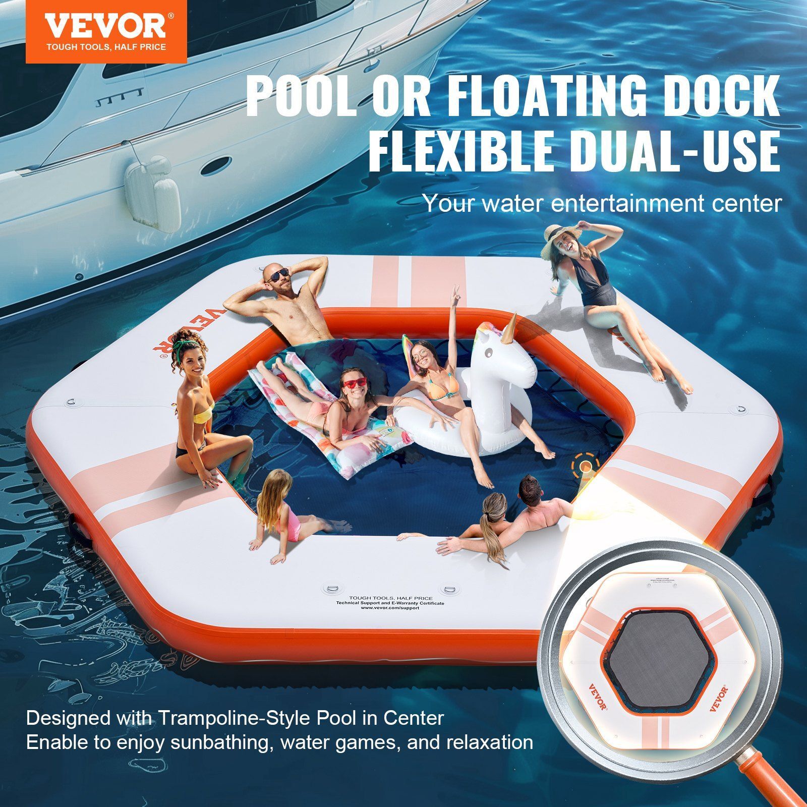 Inflatable Floating Dock ø8.5FT Inflatable Dock Platform w/ø5FT Trampoline Pool