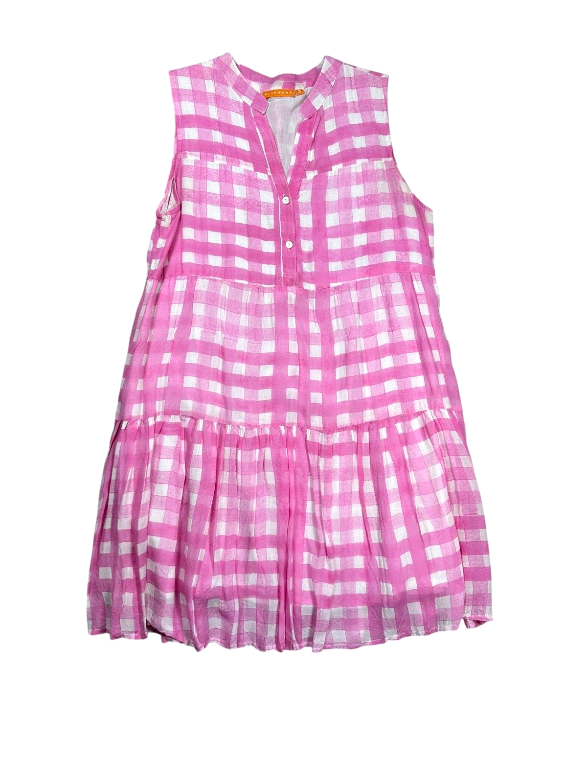 Oliphant Pink White Gingham Sleeveless Tiered Button Front Shift Dress Sz Small