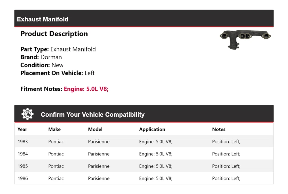 Colector de escape izquierdo para Pontiac Parisienne 1983-1986 5,0 L V8 Dorman 1984 1985 Foto 2 de 4