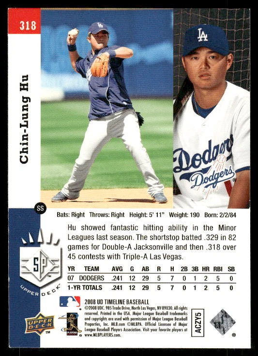 2008 Upper Deck Timeline #318 Chin-Lung Hu - Image 2 of 2