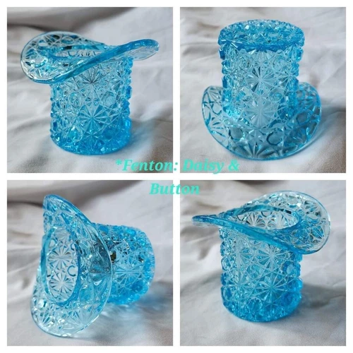 Vintage Fenton Aqua Blue Daisy and Button Top Hat Match Toothpick Holder