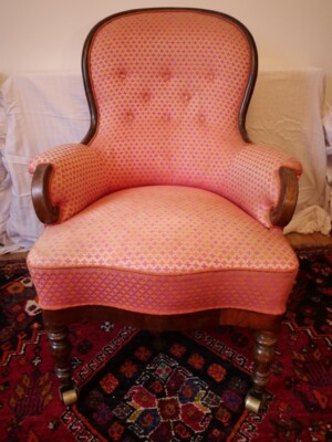 Antique armchair pink patterned material Danish UK