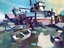 A.W.S. George R James (1932-2016) California Watercolor-Old Balboa Newport Beach