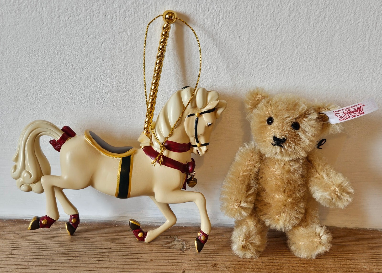 664595 STEIFF 2014 CHRISTMAS ORNAMENT TEDDY BEAR & CAROUSEL HORSE