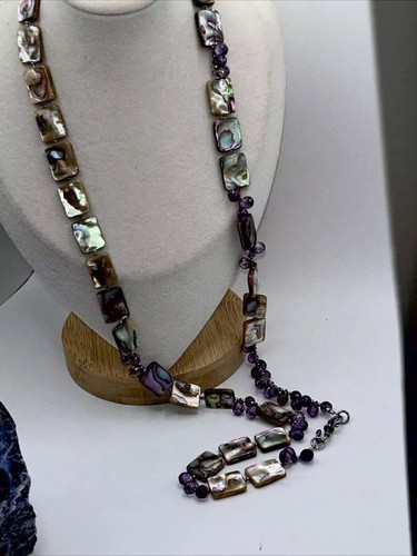Artisan Abalone Amethyst Colors Sterling Parure Necklace Bracelet Earrings - Picture 12 of 13