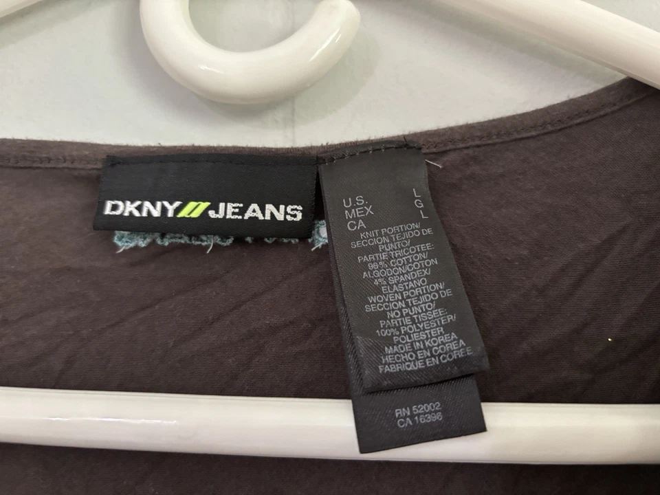 DKNY Babydoll Top Womens L Brown Knit Sheer Lettuce Hem Cap Sleeves Tie Back Y2K - Image 4 of 4