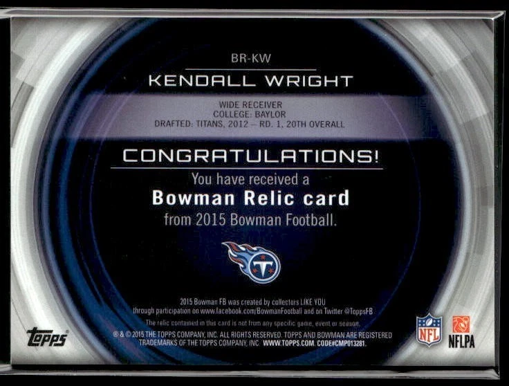 L55,186 - 2015 Bowman Relics #BRKW Kendall Wright - Image 2 of 2