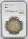 1958 Canada Silver Dollar NGC MS 63 Totem Pole Death Dollar Multi-Color Toned