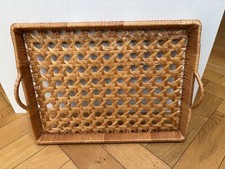 Vintage Wicker Rattan Rectangular Serving Tray With Handles 47 X 35cm