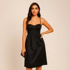 Future Collective Black Midi Dress Small NWT Bustier Satin Smocked Back