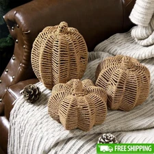 Handmade Rattan Pumpkin Decorations Set of 3 Autumn Thanksgiving Decor New