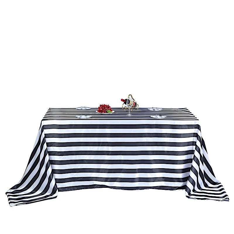 BLACK WHITE 90x156" Satin Stripes Rectangular Tablecloth Wedding Decorations - Image 3 of 4