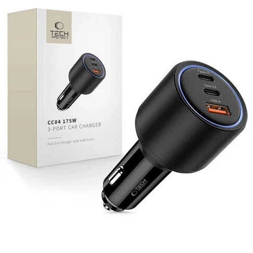 Tech-Protect CC04 3-Port-Autoladegerät USB-A, 2xUSB-C PD 175W Schwarz