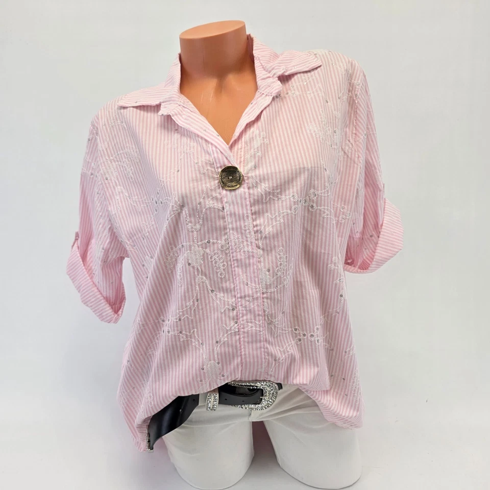 Damen Hemdbluse Gestreift Italy Baumwolle Turn-Up Tunika Größe 38 40 42 Rosa - Bild 2 von 4