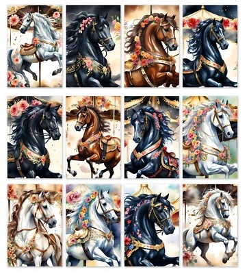HANDMADE 12 Assorted All Occasion Note Cards Blank Greeting Cards Carousel Horses