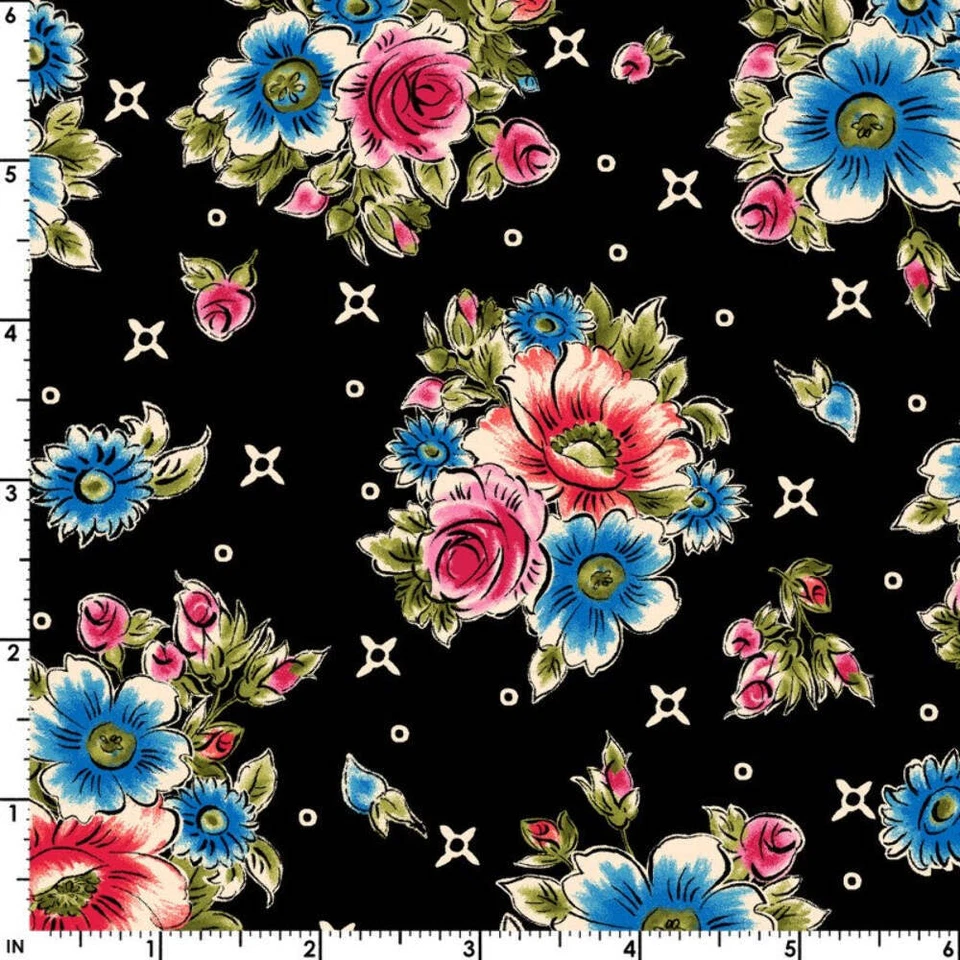 44 x 36 Floral sobre Negro Maywood Studio 100% Algodón Estampado Completo Foto 2 de 2