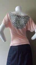 NWOT Designer AMY WEAR Peach Hatchi w/ black and white lace shirt top M