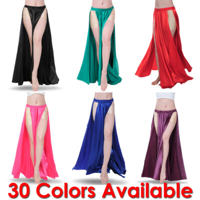 Satin 2 Slit Panel Skirt Women Lady Belly Dance Jupe Tribal Oriental Gypsy Petal