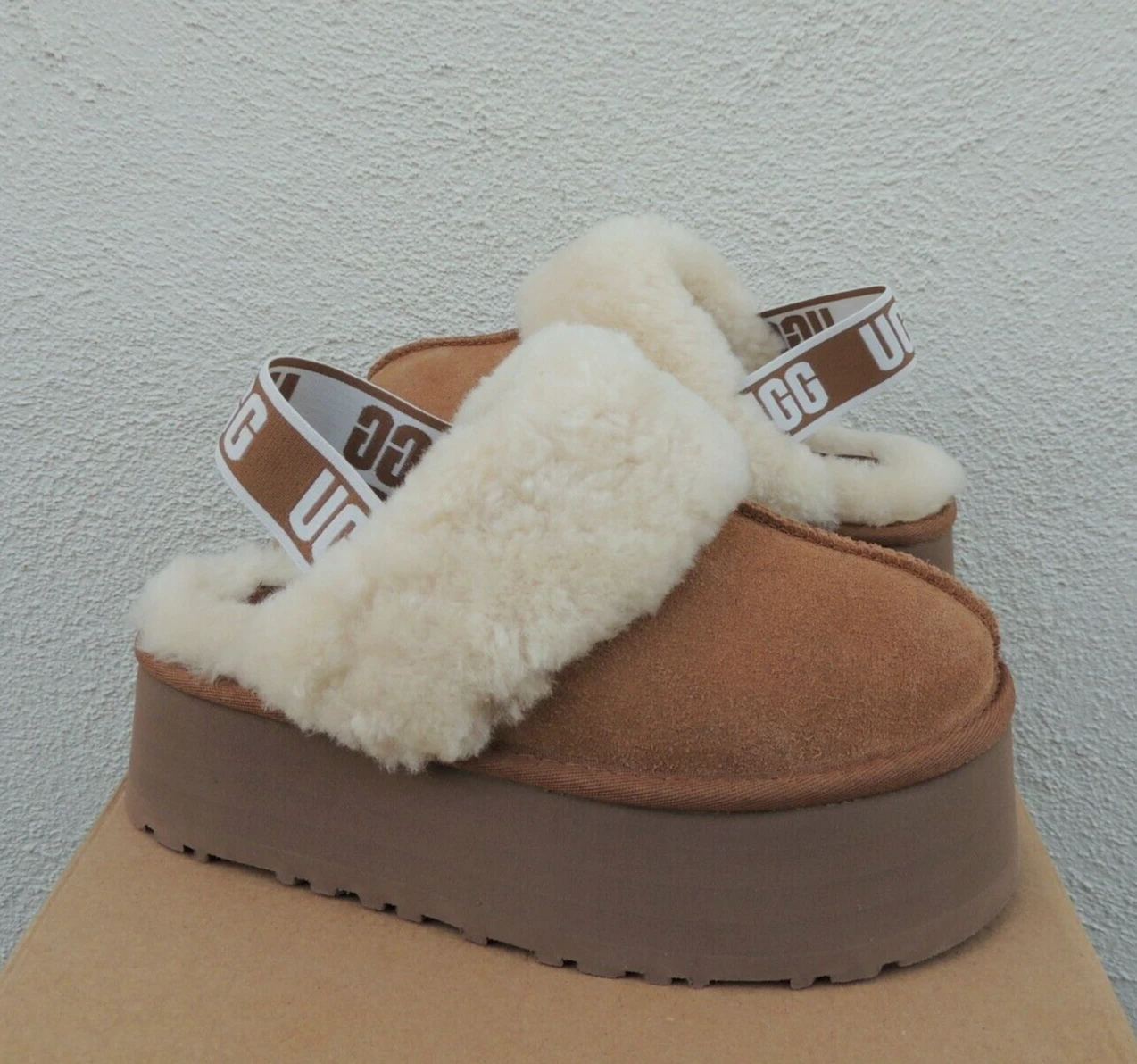 UGG SANDALI CIABATTE SLIDE PLATFORM FUNKETTE CASTAGNA DONNA US 5 EUR 36 ~NUOVI CON SCATOLA
