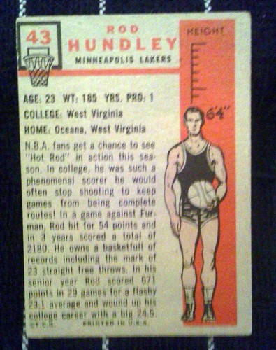 1957 Topps Basketball #43 Rod Hundley Minn Lakers 57T-43 - Foto 2 di 2