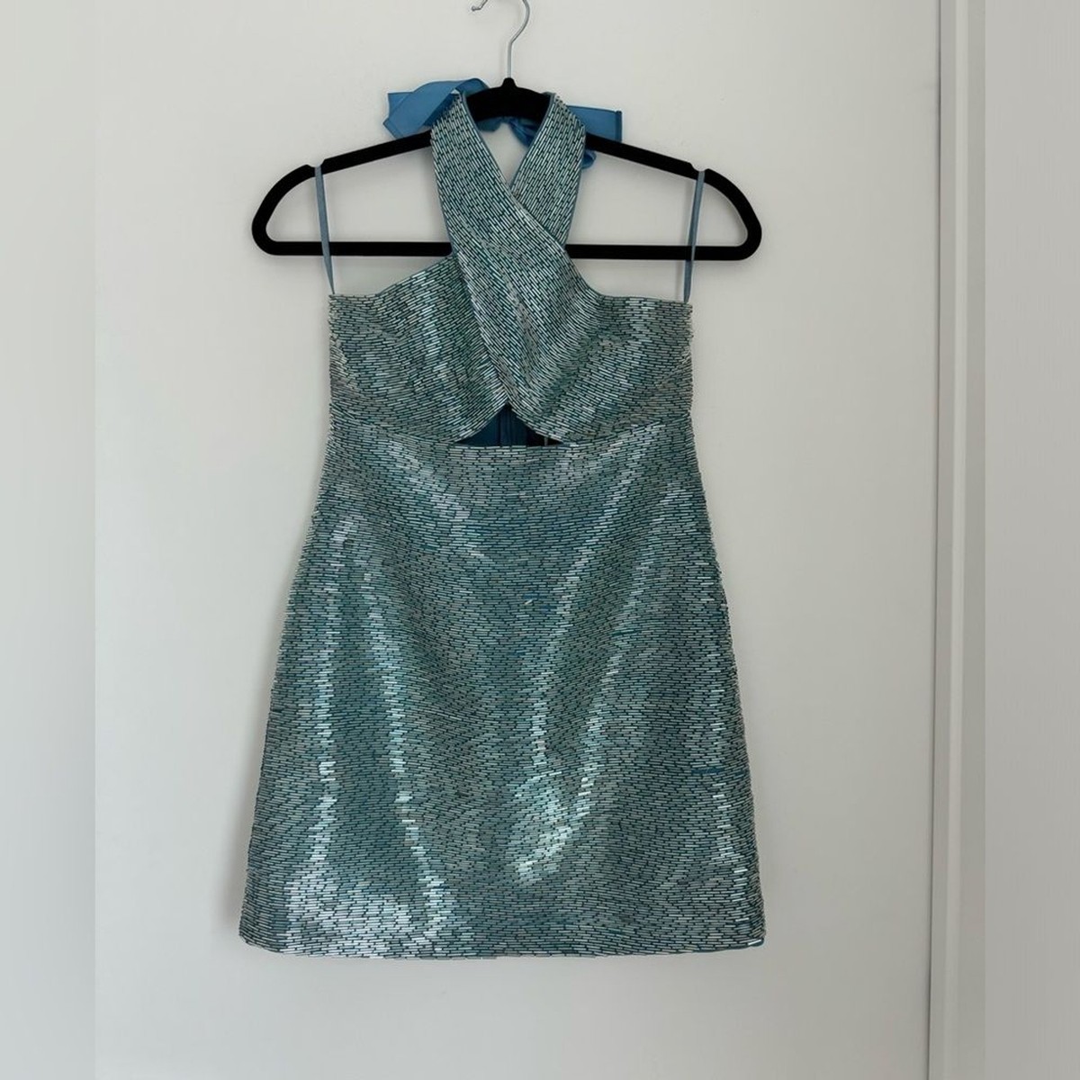 STAUD NWT Small Halter Le Sable Beaded Mini Dress in French Blue  Embellished | eBay
