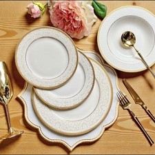 Luxury White and Gold 24 Piece New Bone China 6 Piece Dinnerware Set by Konigtum