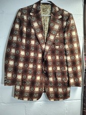 Vtg 70s Brown Rust Plaid Polyester Disco Blazer Jacket Sportscoat Size 42