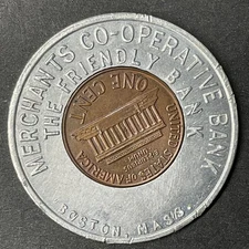 MERCHANTS BANK Boston MA Lucky Penny Encased Coin 1960-D One Lincoln Cent