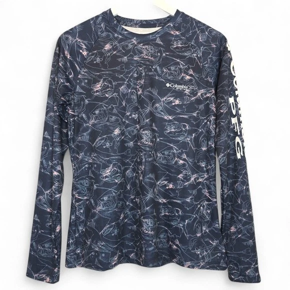COLUMBIA PFG Women’s Super Tidal Shirt Sz Small Navy Contour Fish UPF 50 Boho