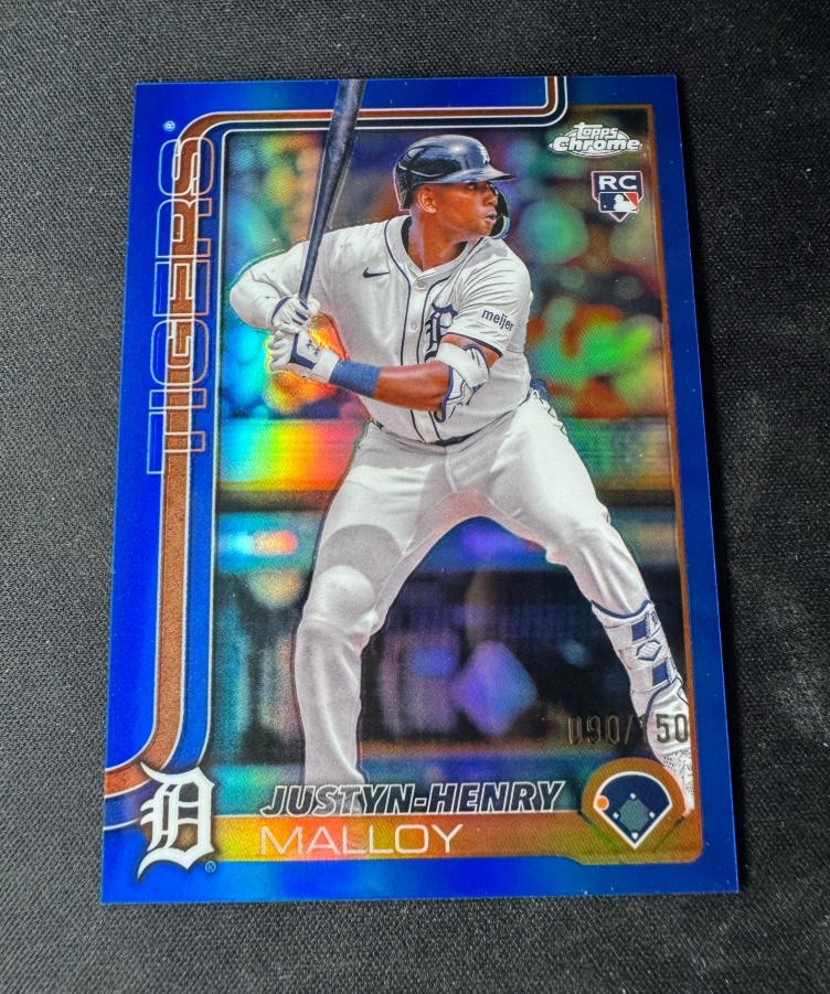 Justyn-Henry Malloy 2025 Topps Chrome Baseball Blue Refractor 090/150 RC #224