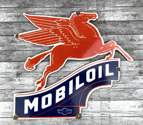 VINTAGE 10.5x12" MOBILOIL MOBILGAS PEGASUS GASOLINE PORCELAIN MOTOR OIL GAS SIGN