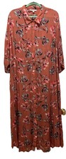 Women's Maxi Dress Rust Pink Floral Crinkle 3/4 Sleeve pockets Collar buttons
