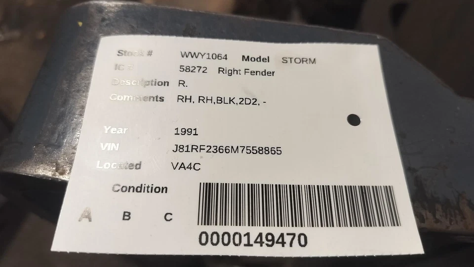 Passenger Right Fender Fits 90-93 STORM 611911 Foto 2 de 2