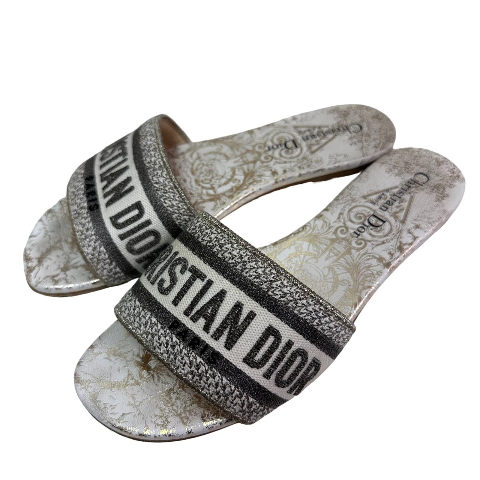 Sandales Christian Dior femme pointure 37 US 7 Dway slide gris or blanc