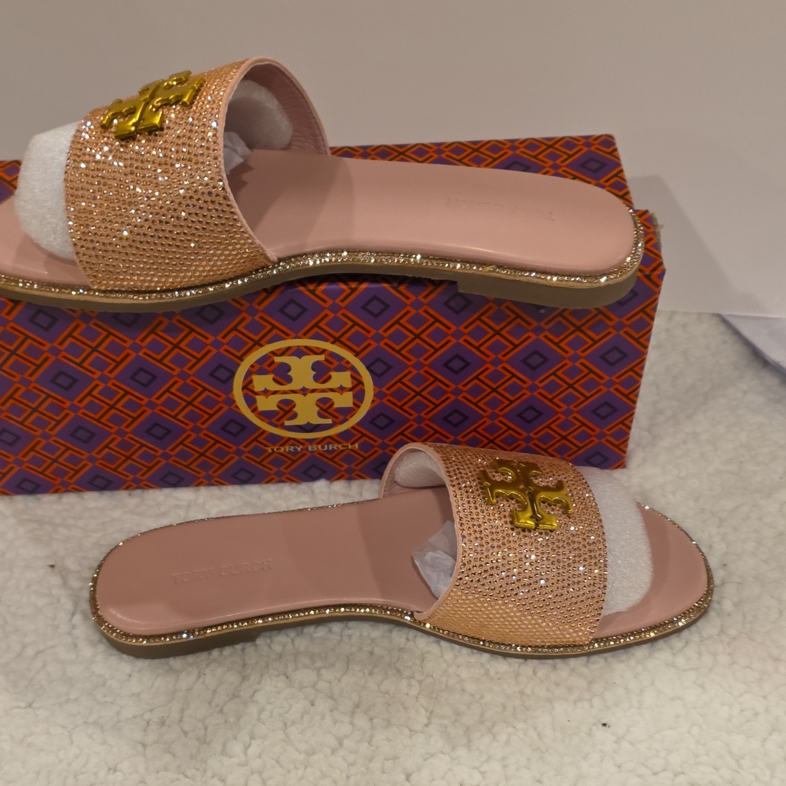 Tory Burch Pink Gold Beaded Logo Slide Sandals Women's Solid Pattern Slip On thumbnail 10
