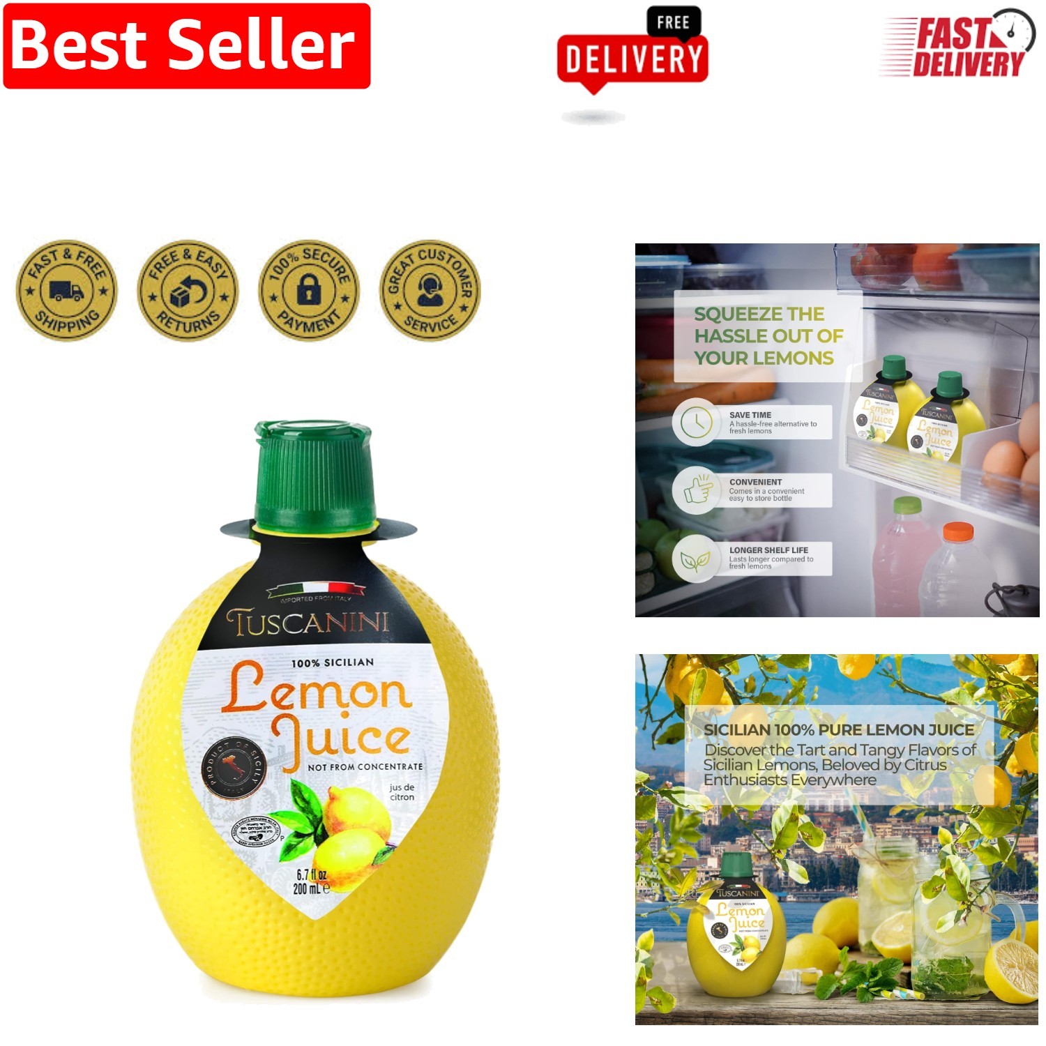 Pure Sicilian Lemon Juice (6.7oz) | Convenient Squeeze Bottl