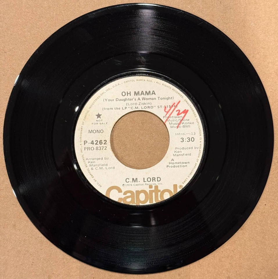 C. M. Lord ~ Oh Mama ~ Capitol 45 RPM P-4262 ~ Stereo / Mono RARE 45 RPM VG/VG+ - Image 2 of 2