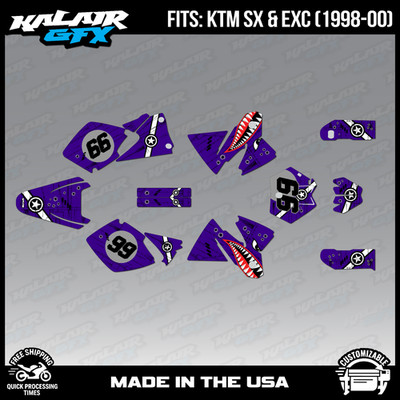 Graphics Kit for KTM 125/200/250/300/380 SX & EXC models 1998-2000 Predtor-Purpl