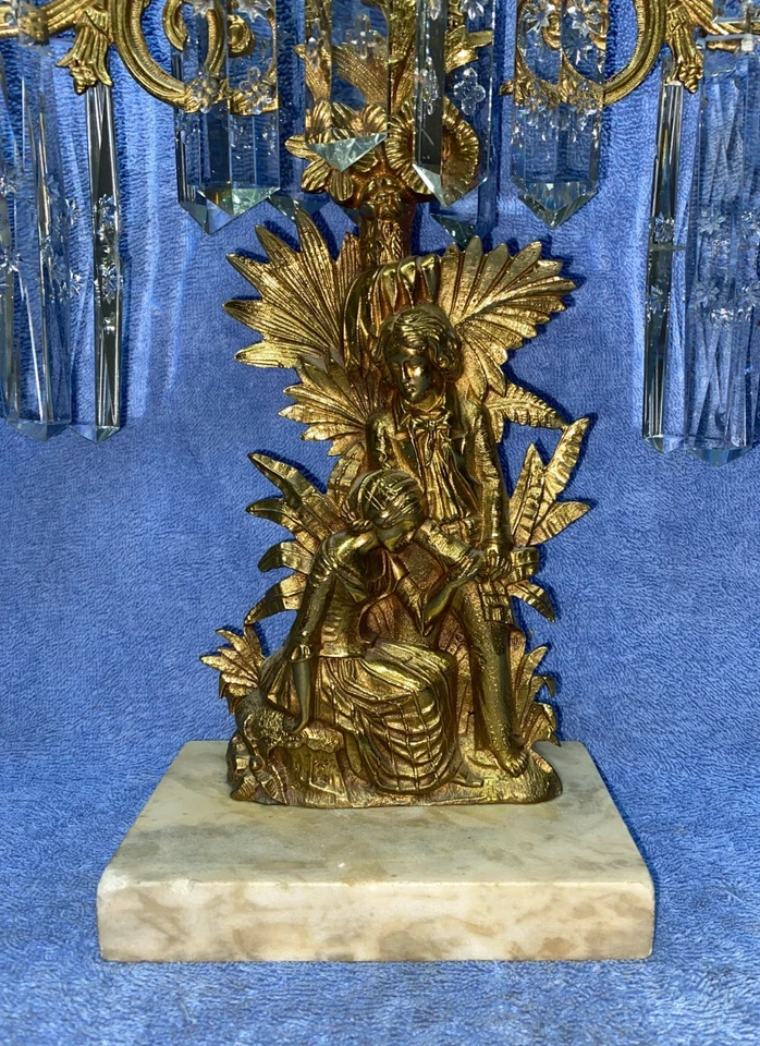 Candelabro antigo girandole bronze mármore e cristal prisma chamado de momento terno - Imagem 2 de 4