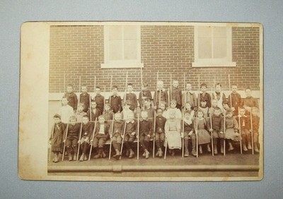 Old Antique Vtg 1880s Cabinet Card Photo Group 39 Children Each With Large Stick