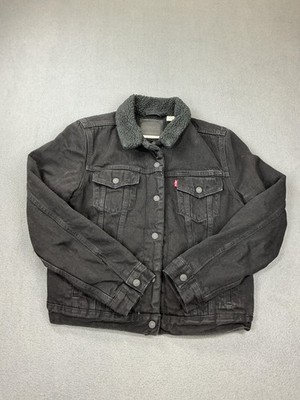 Levis Premium Jacket Mens Large Black Sherpa Lined Denim Trucker Button Front
