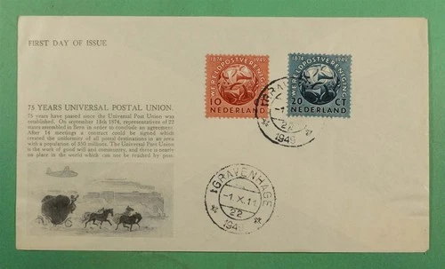 DR WHO 1949 NETHERLANDS FDC UPU 75TH ANIV CACHET COMBO R29080
