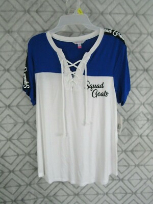  New No Boundaries Top Size L 11 13 Juniors White Blue Pull Over Lace Up Front 