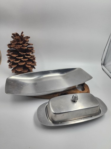 MCM Vintage Oneida JAPAN 18/8 Stainless Steel Covered Butter Dish Serving Tray - Picture 3 of 7