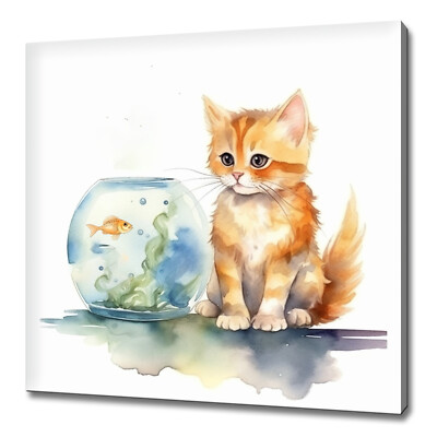 Kätzchen sitzt neben Goldfisch Schale Aquarell Gemälde Stil Leinwanddruck Kunst