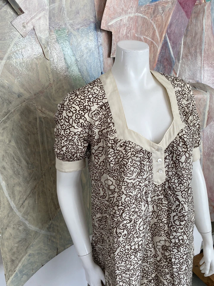 Vestido Mayle Maison Marrón Crema Seda Blanco Floral Fluido Manga Corta Talla 2 Cambio Foto 4 de 4